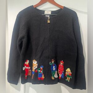 Susan Bristol Vintage women’s black full zip up Christmas cardigan sweater M